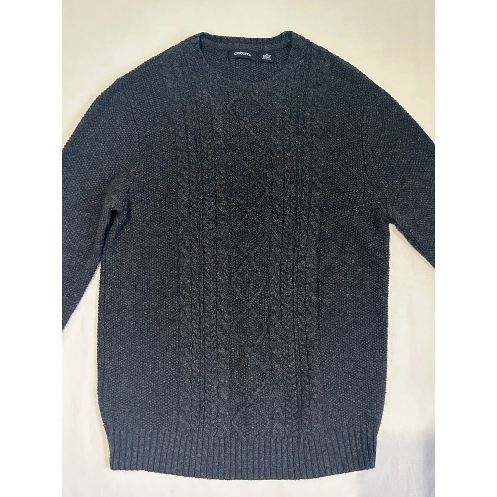 Claiborne Mens Charcoal Gray Cable Knit Crewneck Sweater Wool Blend Size M